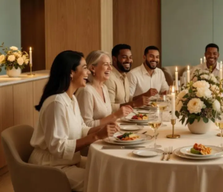 Privát esemény meghitt, elegáns környezetben terített asztalokkal