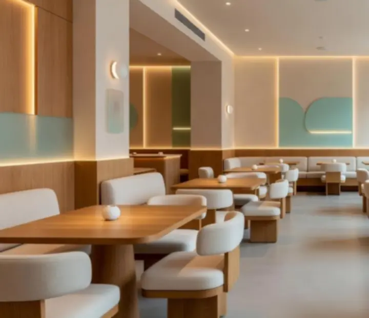 Grand Hall Club modern, világos enteriőr meleg fa részletekkel